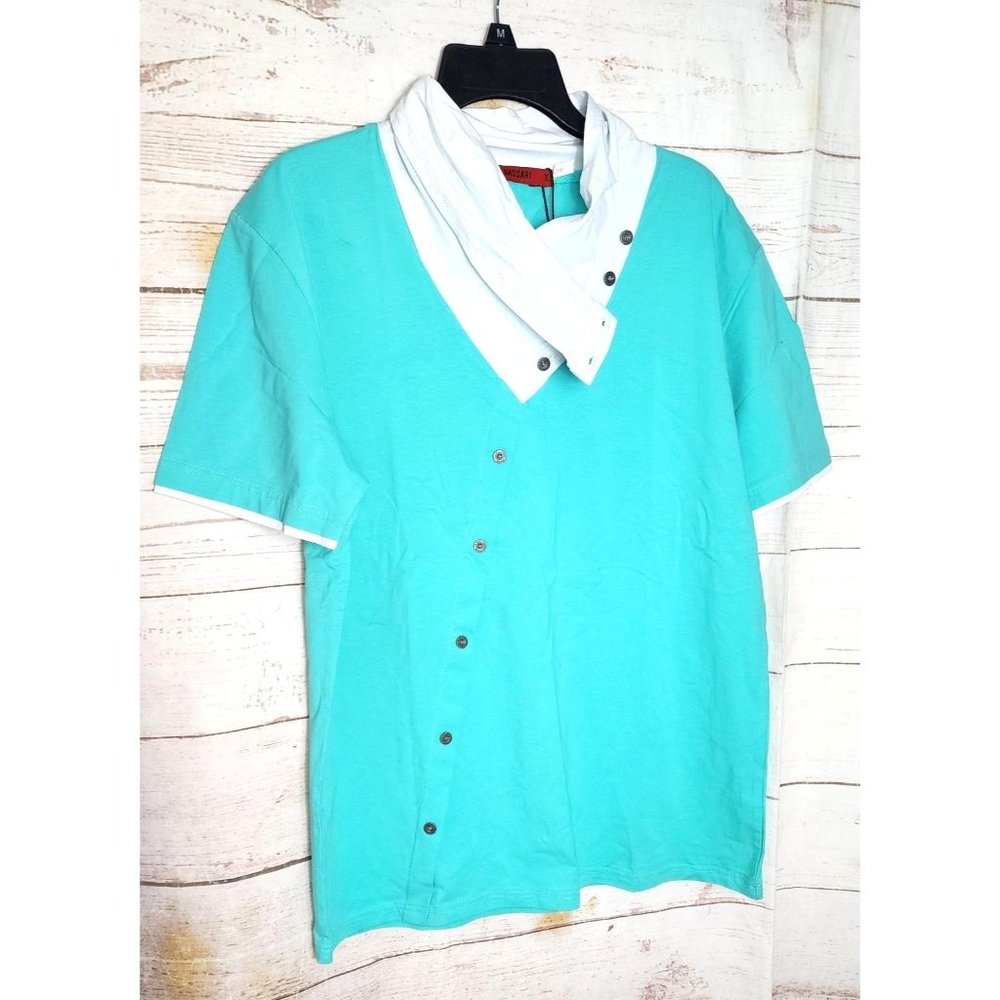 Rare Vassari Mint Green High Collar Short Sleeve Designer Button-Up Shirt